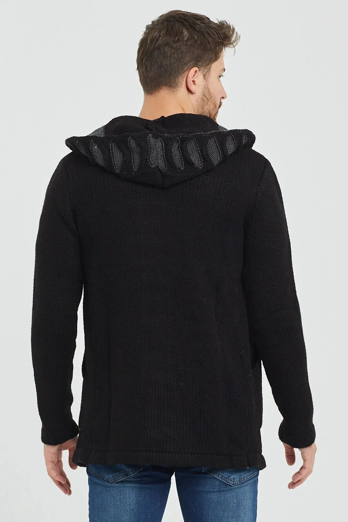 Tarz Cool Men's Black Patterned Poncho Knitwear Cardigan