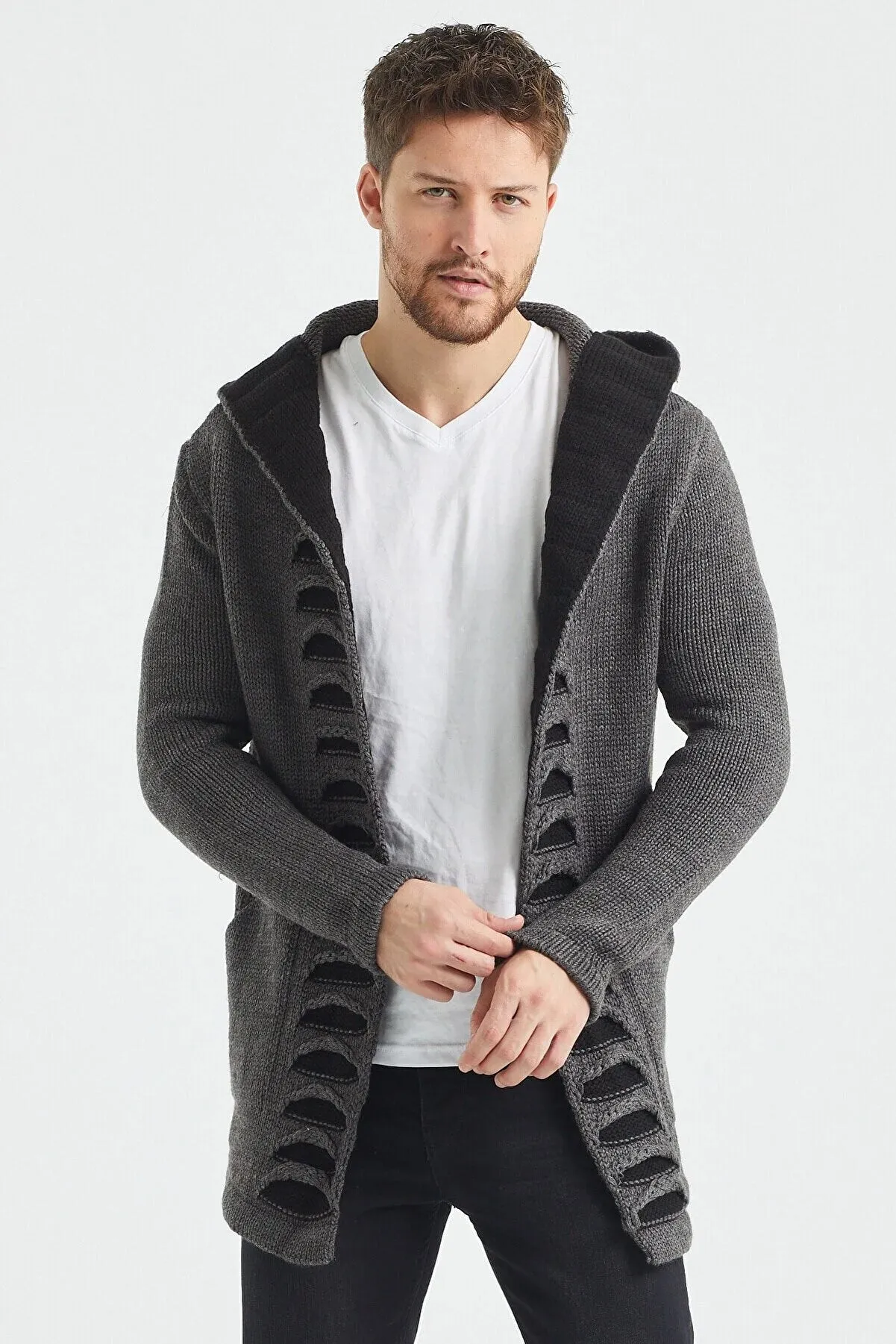 Tarz Cool Men's Smoked Patterned Poncho Knitwear Cardigan