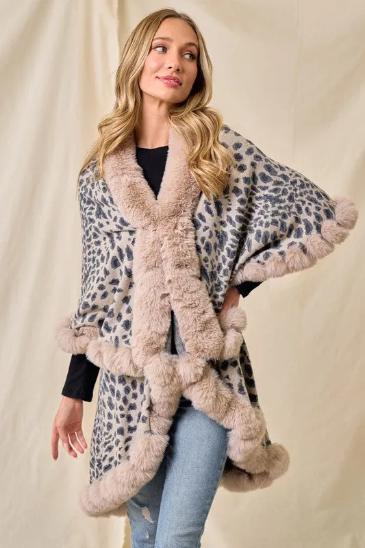 Taupe Faux Fur Shawl Women Fine Knit Open Front