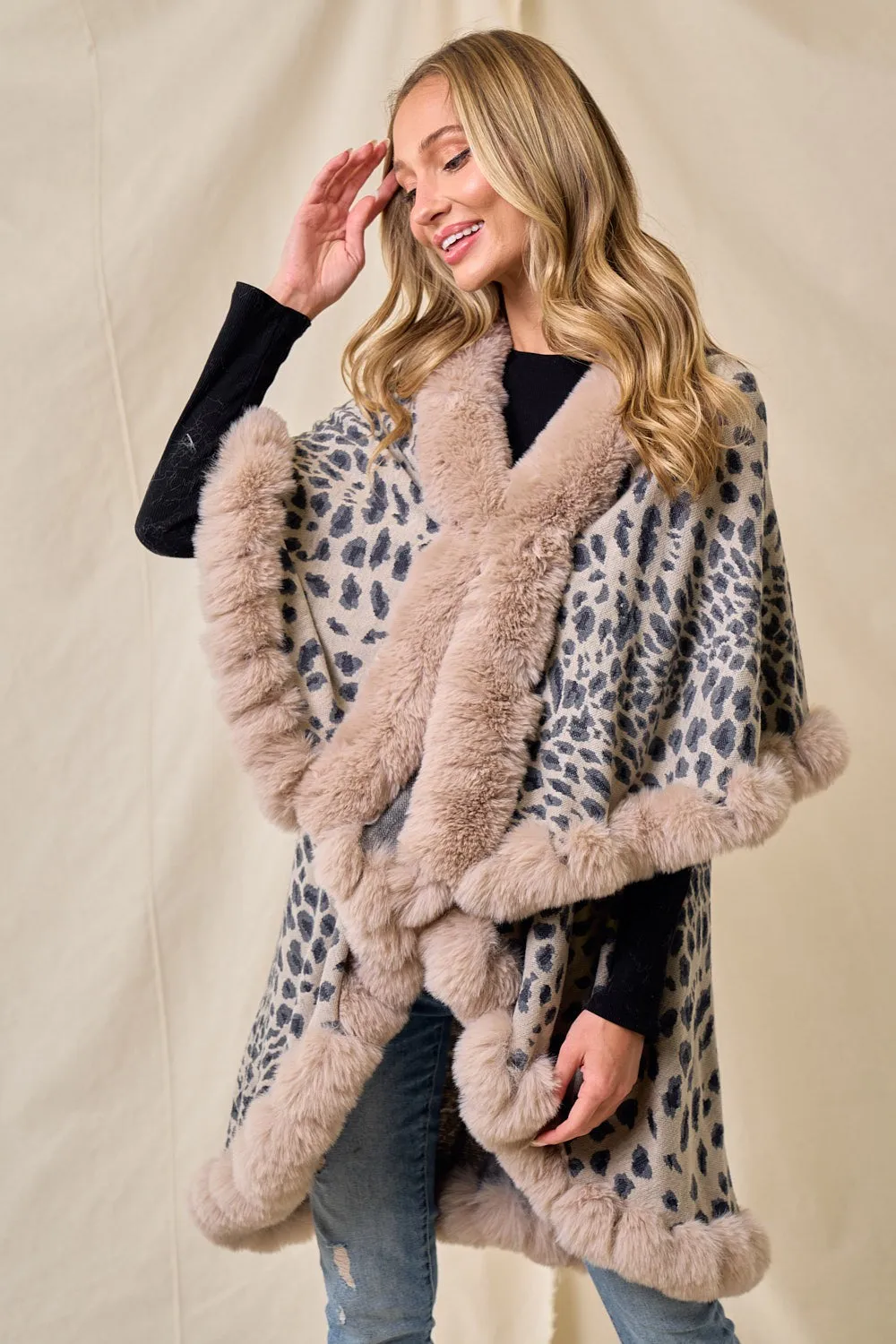 Taupe Faux Fur Shawl Women Fine Knit Open Front