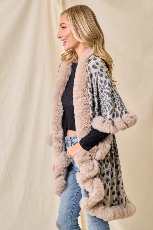 Taupe Faux Fur Shawl Women Fine Knit Open Front