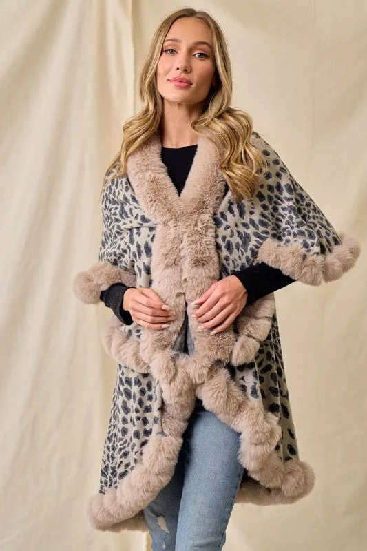 Taupe Faux Fur Shawl Women Fine Knit Open Front