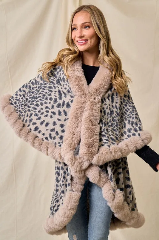 Taupe Faux Fur Shawl Women Fine Knit Open Front