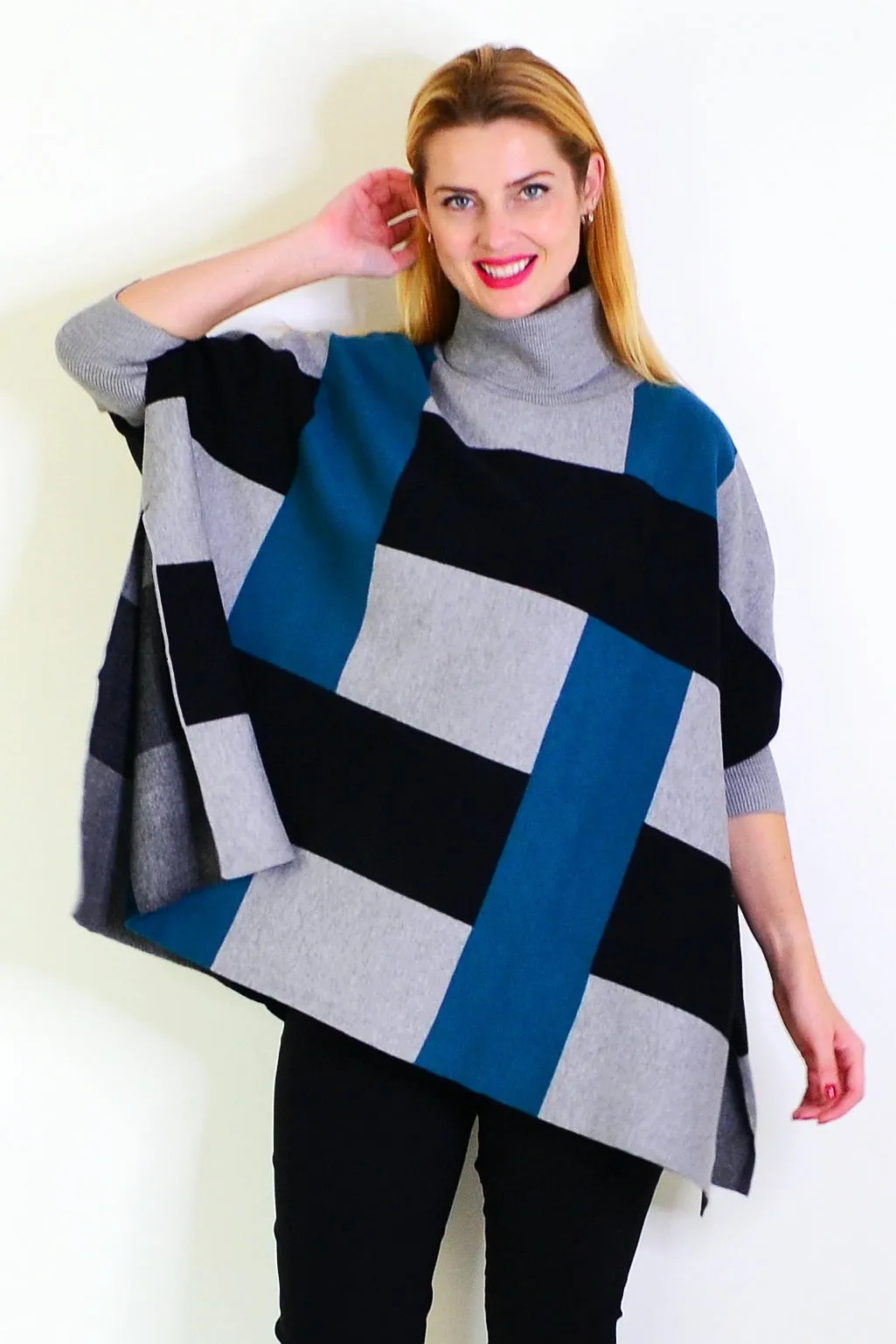 Teal Black Free Size Cardigan Poncho