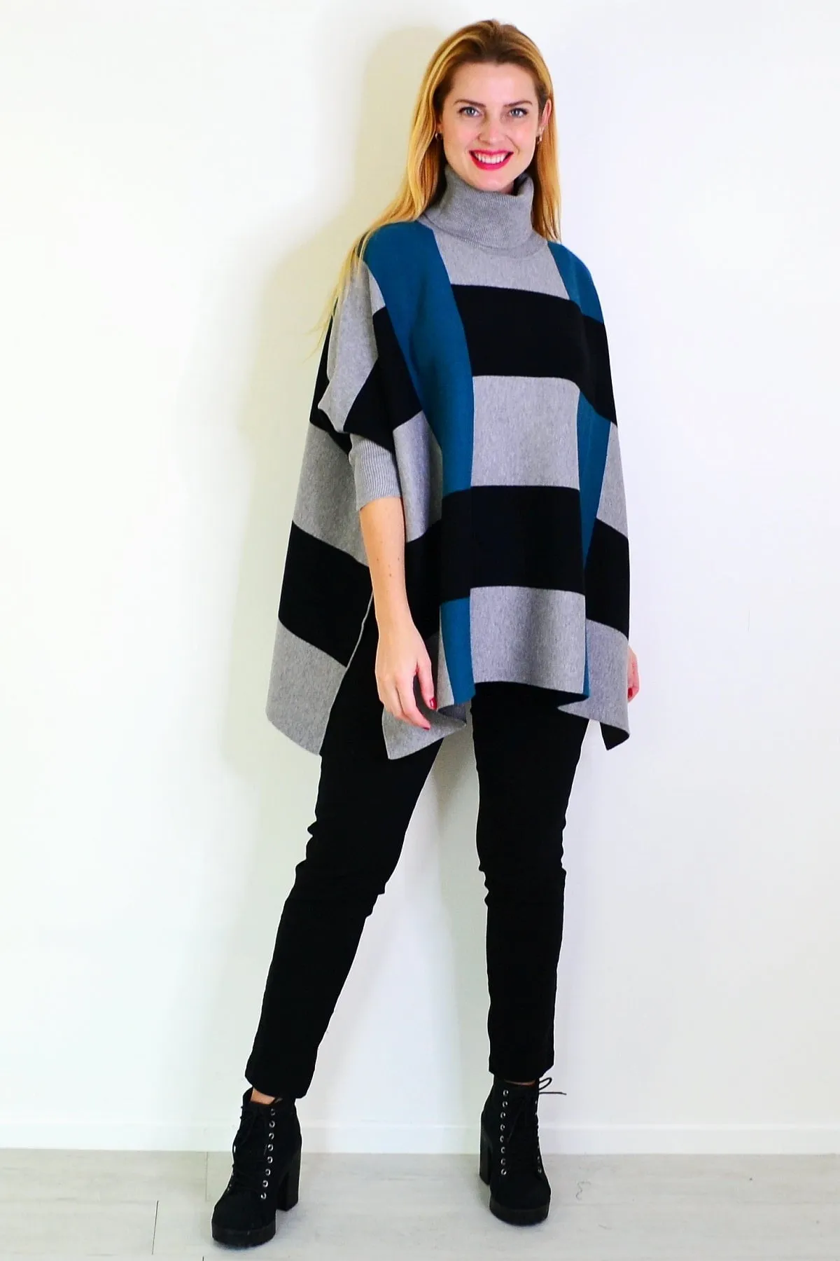 Teal Black Free Size Cardigan Poncho