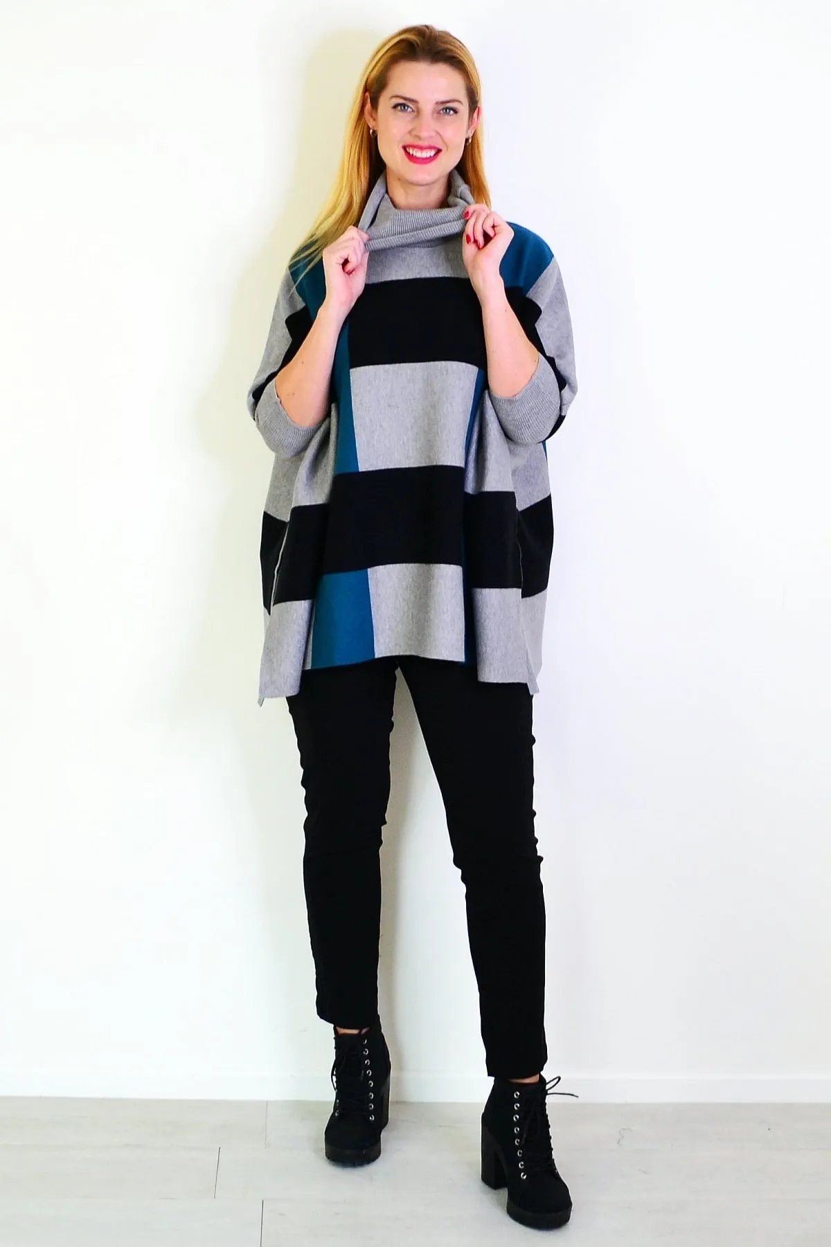 Teal Black Free Size Cardigan Poncho