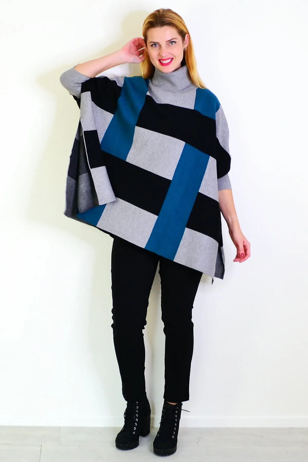 Teal Black Free Size Cardigan Poncho