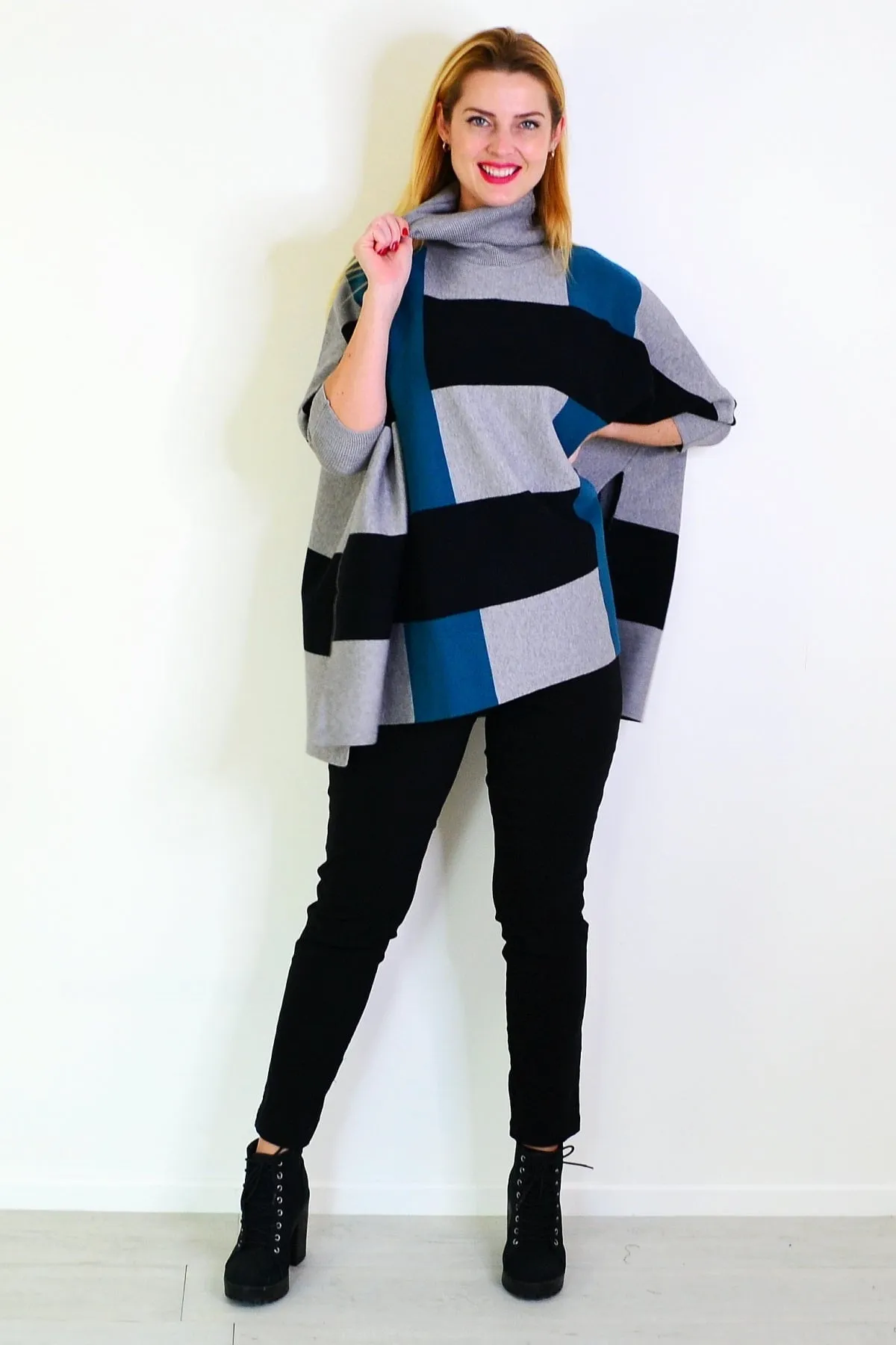 Teal Black Free Size Cardigan Poncho