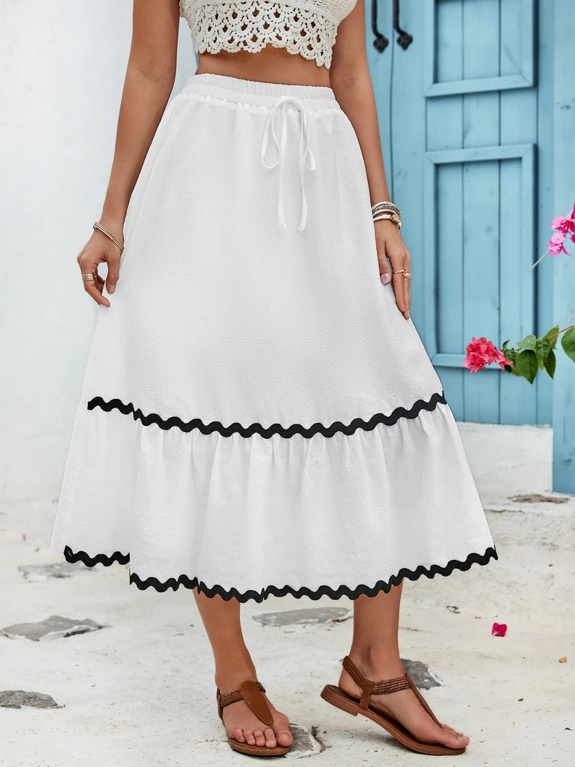 TEEK - White Tied Contrast Trim High Waist Skirt