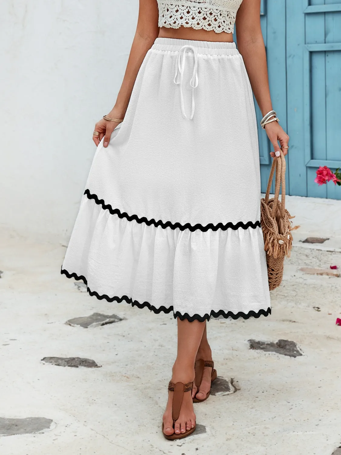 TEEK - White Tied Contrast Trim High Waist Skirt