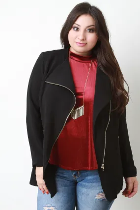 Textured Knit Pleated Zipper Accent Blazer Jacket