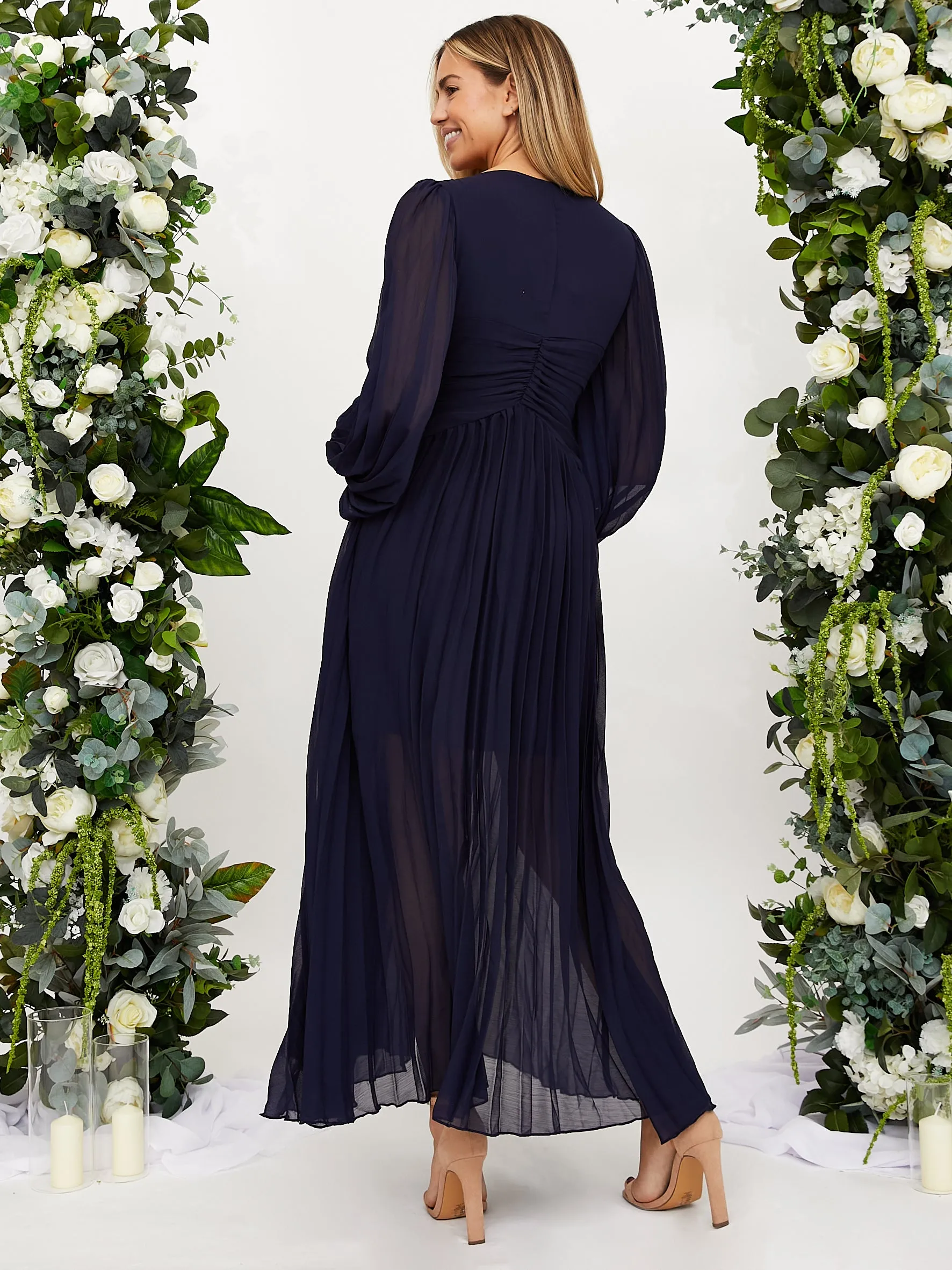 Toni Long Sleeved Pleated Maxi Dress / Navy