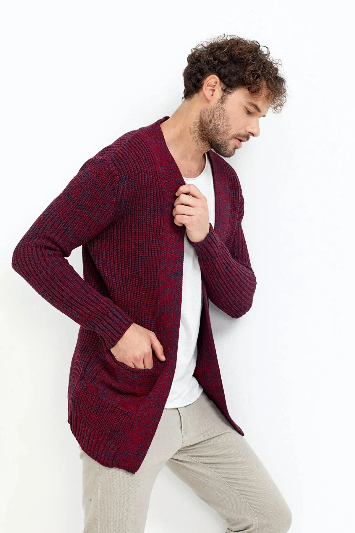 Traz Cool Men's Burgundy Melange Hooded Poncho Cardigan