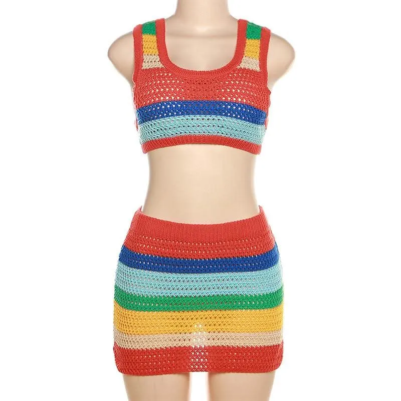 U neck sleeveless knitted contrast crop mini skirt set