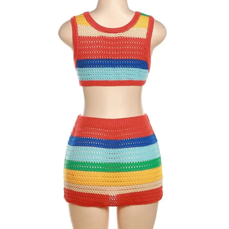 U neck sleeveless knitted contrast crop mini skirt set