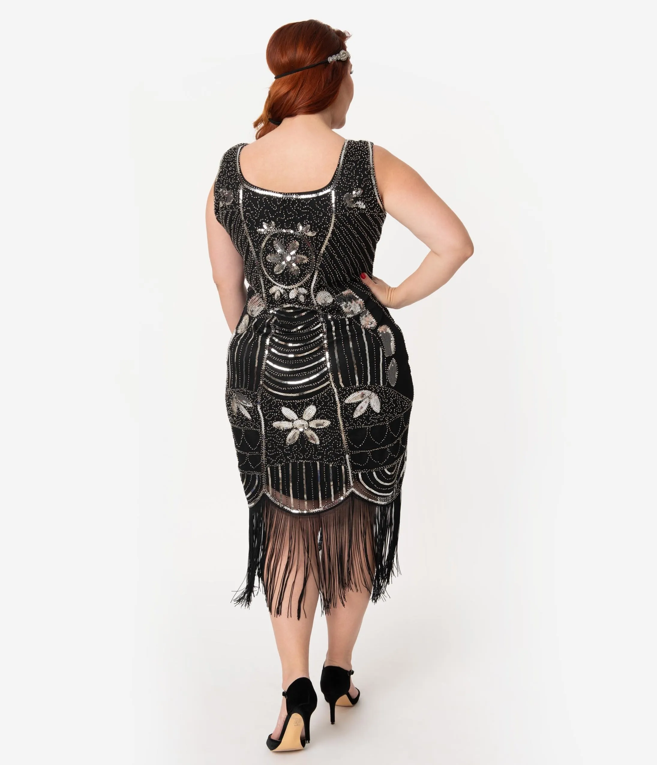 Unique Vintage Plus Size Black & Silver Sequin Fringe Cremieux Flapper Dress