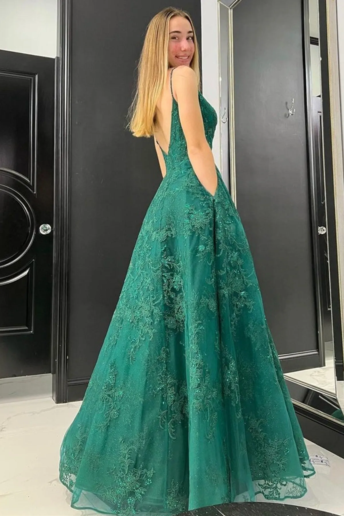 V Neck Backless Green Lace Long Prom Dress, Green Lace Formal Dress, Open Back Green Evening Dress A1400