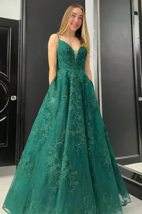 V Neck Backless Green Lace Long Prom Dress, Green Lace Formal Dress, Open Back Green Evening Dress A1400