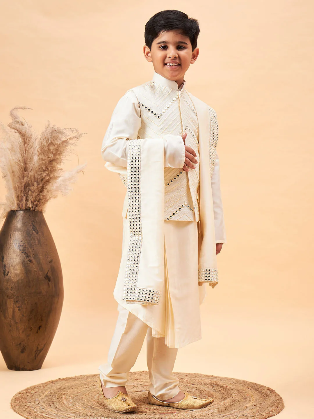 VASTRAMAY Boy's Cream Mirror Work Jacket And Pleated Kurta Pyjama Set With Ethnic Dupatta