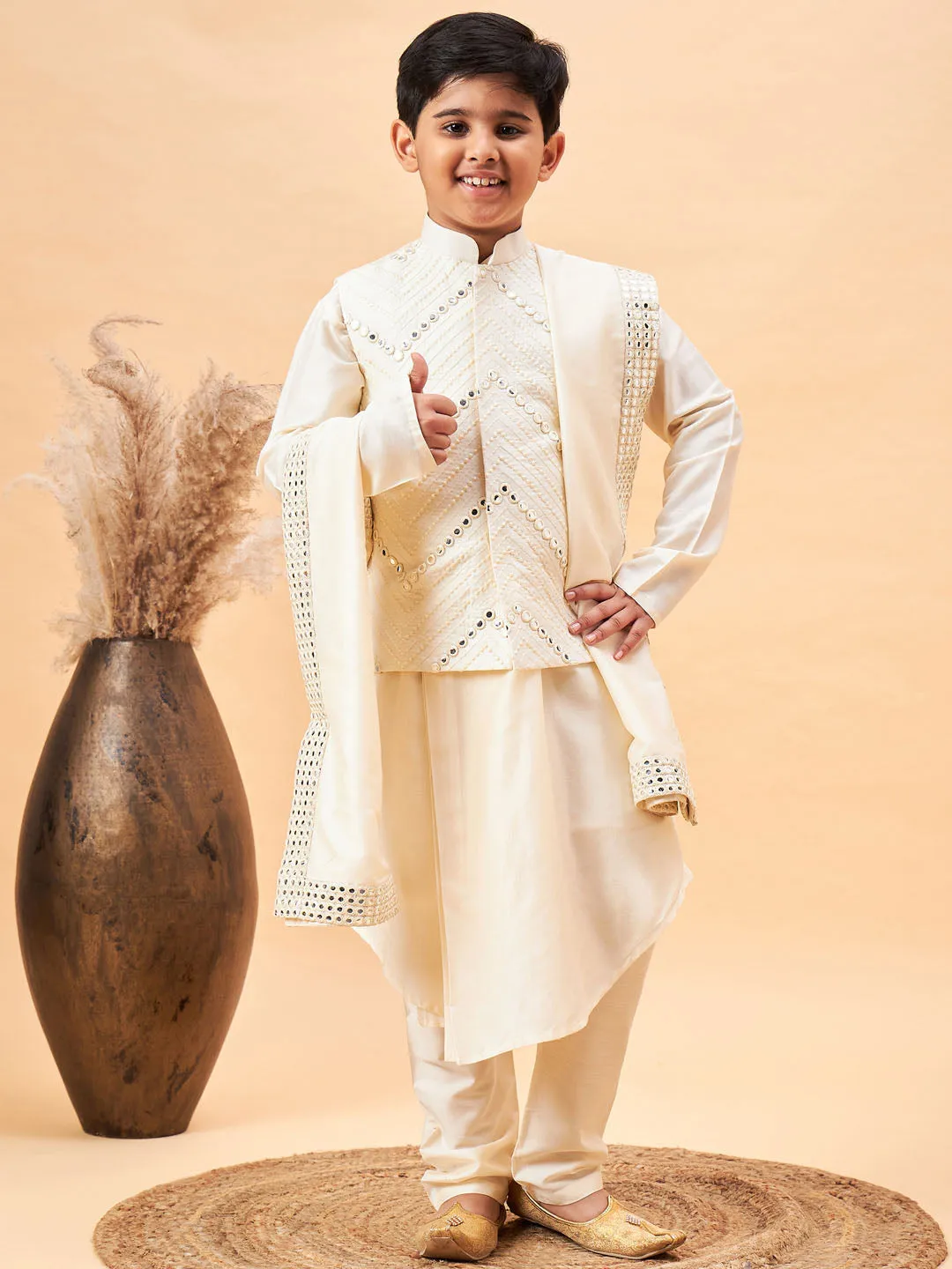 VASTRAMAY Boy's Cream Mirror Work Jacket And Pleated Kurta Pyjama Set With Ethnic Dupatta