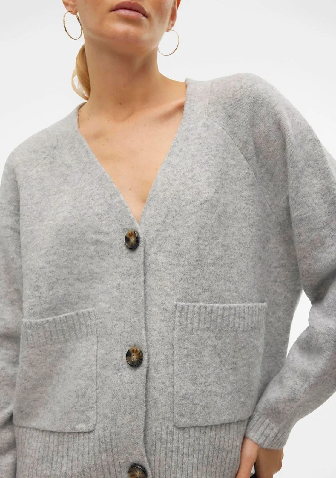 VM Boom LS V-Neck Button Cardigan Light Grey Melange