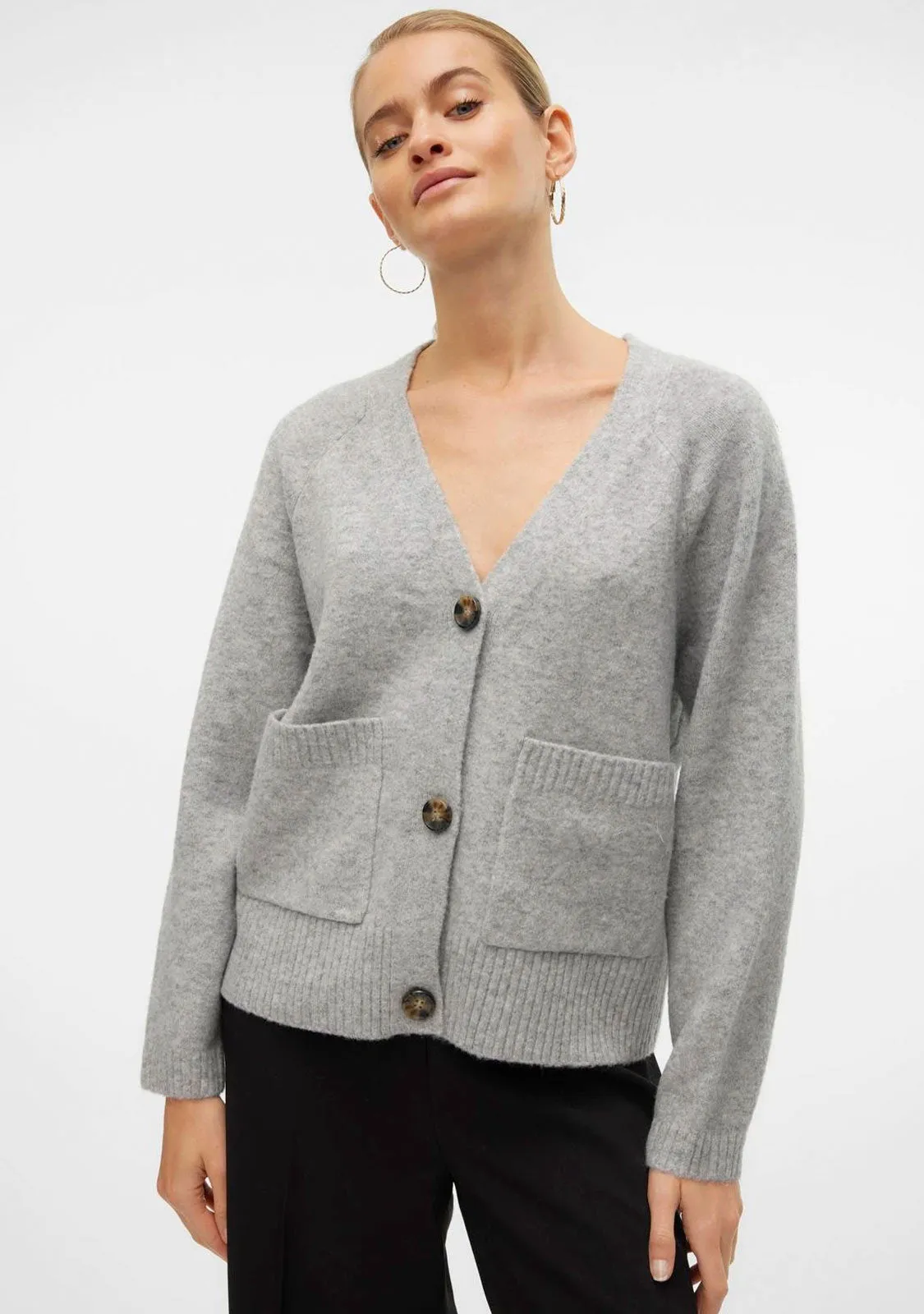 VM Boom LS V-Neck Button Cardigan Light Grey Melange