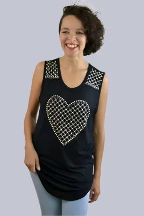 Vocal Rhinestone Studs Heart Tank - Black