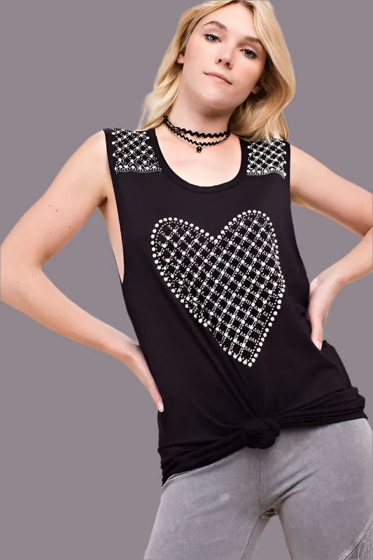 Vocal Rhinestone Studs Heart Tank - Black