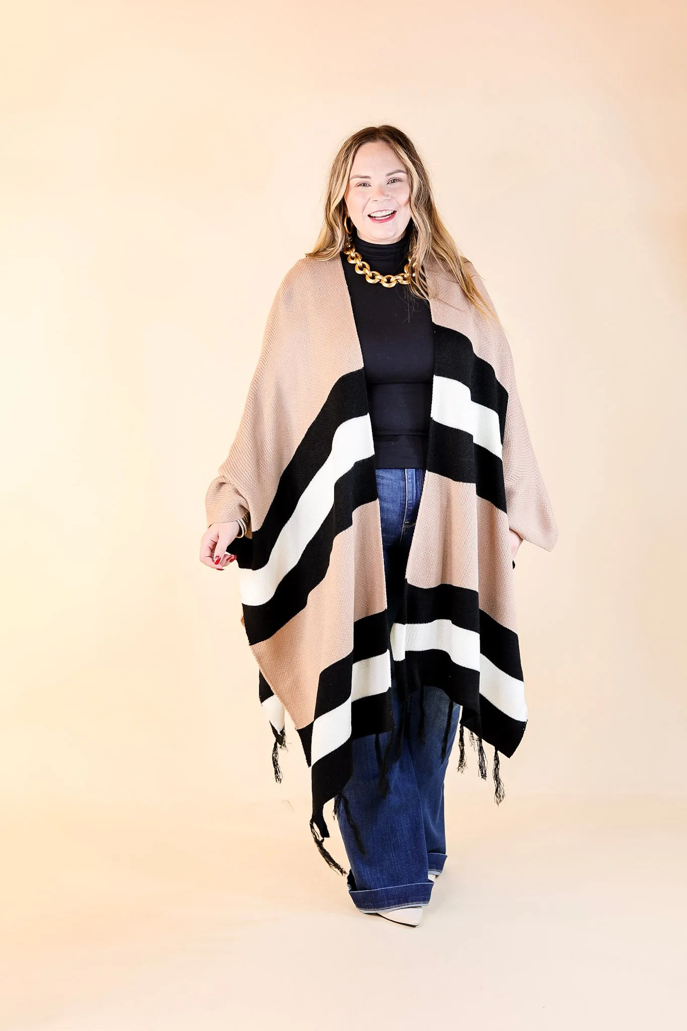 Warmest Wishes Striped Poncho Cardigan with Tassel Fringe in Mocha, Ivory, and Black