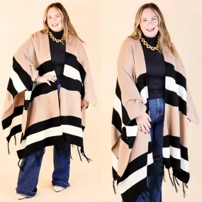 Warmest Wishes Striped Poncho Cardigan with Tassel Fringe in Mocha, Ivory, and Black