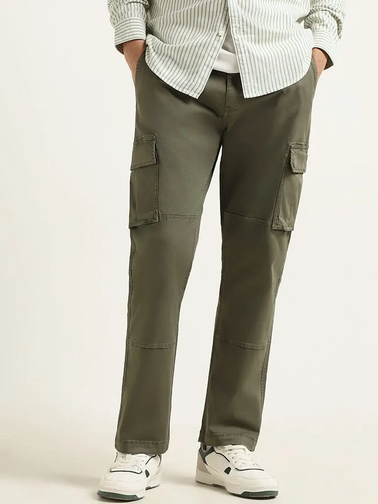 WES Casuals Plain Olive Cotton Relaxed Fit Chinos