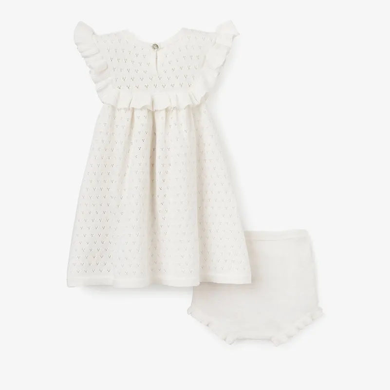 White Pointelle Flutter Sleeve Knit Baby Dress