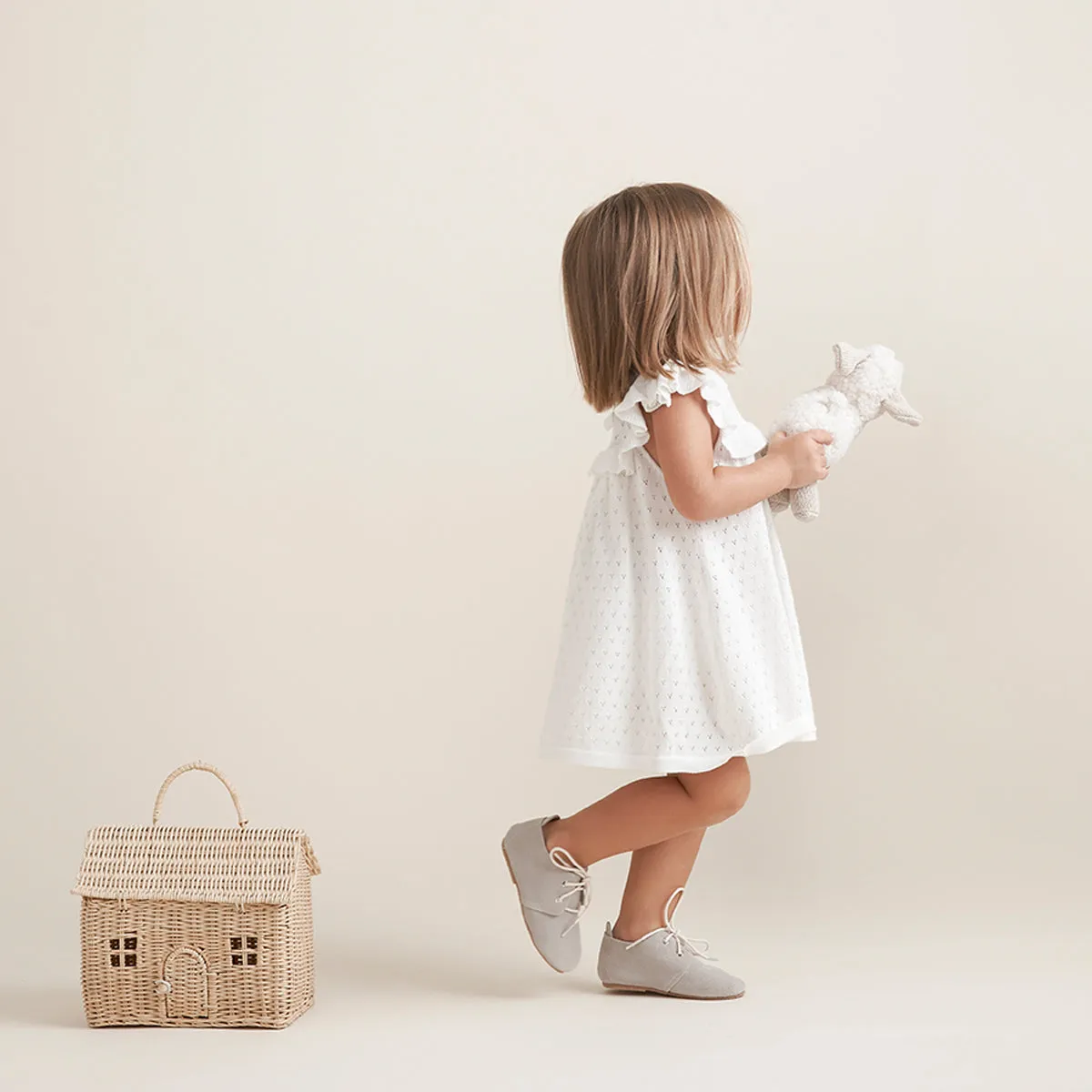 White Pointelle Flutter Sleeve Knit Baby Dress