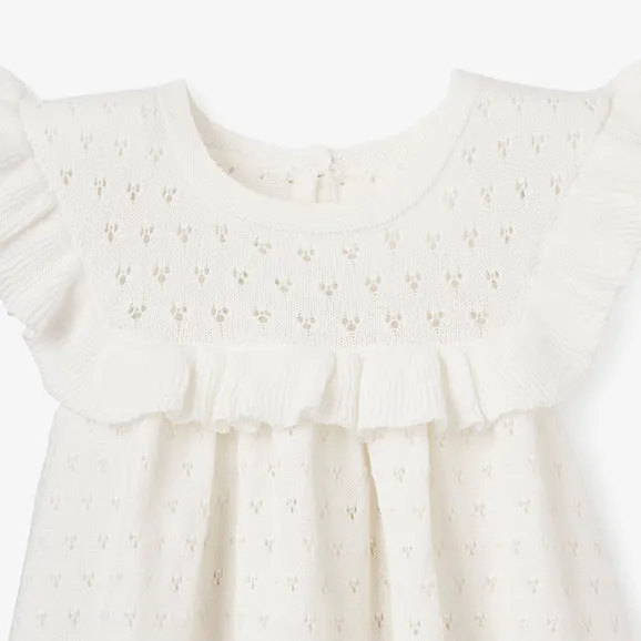 White Pointelle Flutter Sleeve Knit Baby Dress