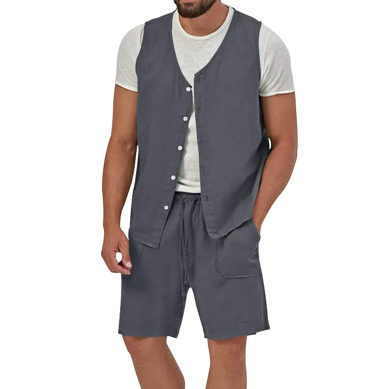 Wiaofellas  -  Summer Men's Vest And Shorts Casual Two Piece Set Cotton Linen Solid Sleeveless Button Cardigan Tank Top Suits Outfits Male