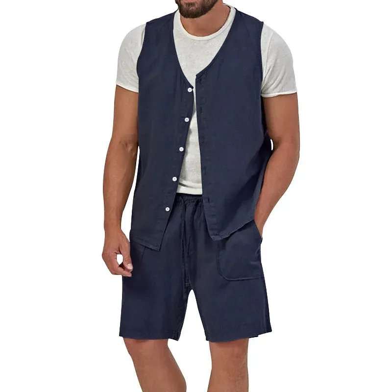 Wiaofellas  -  Summer Men's Vest And Shorts Casual Two Piece Set Cotton Linen Solid Sleeveless Button Cardigan Tank Top Suits Outfits Male