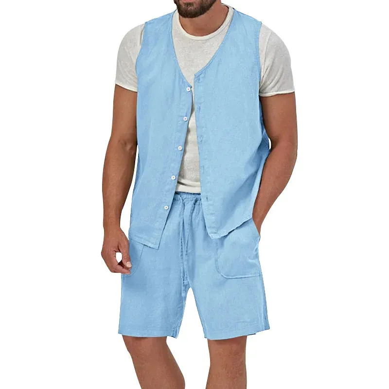 Wiaofellas  -  Summer Men's Vest And Shorts Casual Two Piece Set Cotton Linen Solid Sleeveless Button Cardigan Tank Top Suits Outfits Male