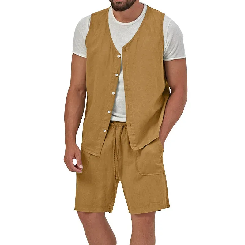 Wiaofellas  -  Summer Men's Vest And Shorts Casual Two Piece Set Cotton Linen Solid Sleeveless Button Cardigan Tank Top Suits Outfits Male