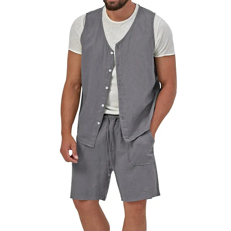 Wiaofellas  -  Summer Men's Vest And Shorts Casual Two Piece Set Cotton Linen Solid Sleeveless Button Cardigan Tank Top Suits Outfits Male