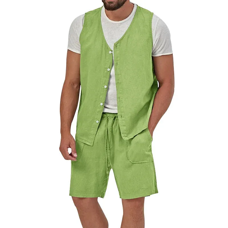 Wiaofellas  -  Summer Men's Vest And Shorts Casual Two Piece Set Cotton Linen Solid Sleeveless Button Cardigan Tank Top Suits Outfits Male