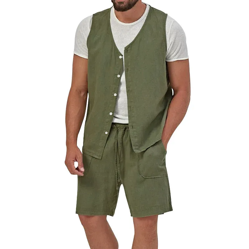 Wiaofellas  -  Summer Men's Vest And Shorts Casual Two Piece Set Cotton Linen Solid Sleeveless Button Cardigan Tank Top Suits Outfits Male