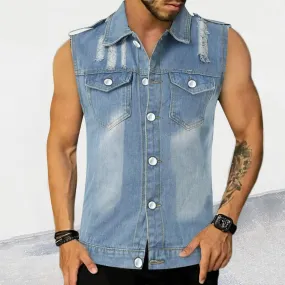 Wiaofellas  -  Summer New Men Thin Vest Denim T-shirt Lapel Sleeveless Pockets Slim Fit Cardigan Hip-Hop Rock Tank Top Muscular Men's Clothing