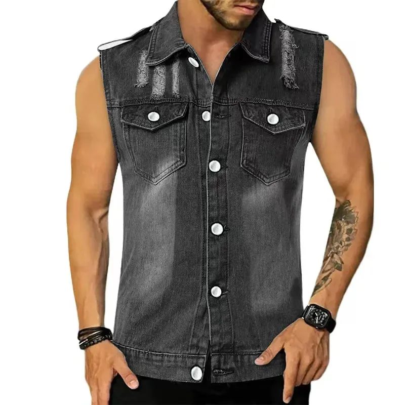 Wiaofellas  -  Summer New Men Thin Vest Denim T-shirt Lapel Sleeveless Pockets Slim Fit Cardigan Hip-Hop Rock Tank Top Muscular Men's Clothing