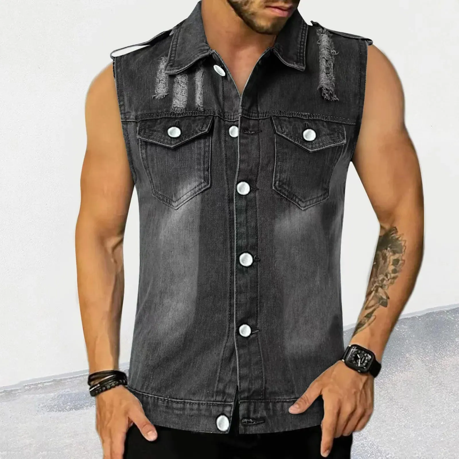 Wiaofellas  -  Summer New Men Thin Vest Denim T-shirt Lapel Sleeveless Pockets Slim Fit Cardigan Hip-Hop Rock Tank Top Muscular Men's Clothing