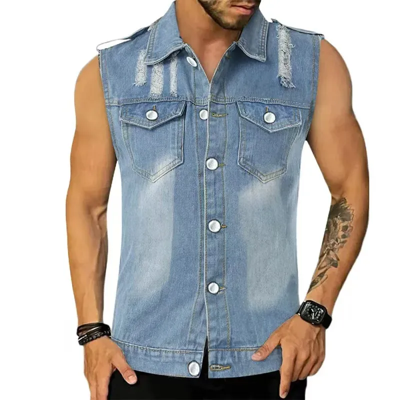 Wiaofellas  -  Summer New Men Thin Vest Denim T-shirt Lapel Sleeveless Pockets Slim Fit Cardigan Hip-Hop Rock Tank Top Muscular Men's Clothing