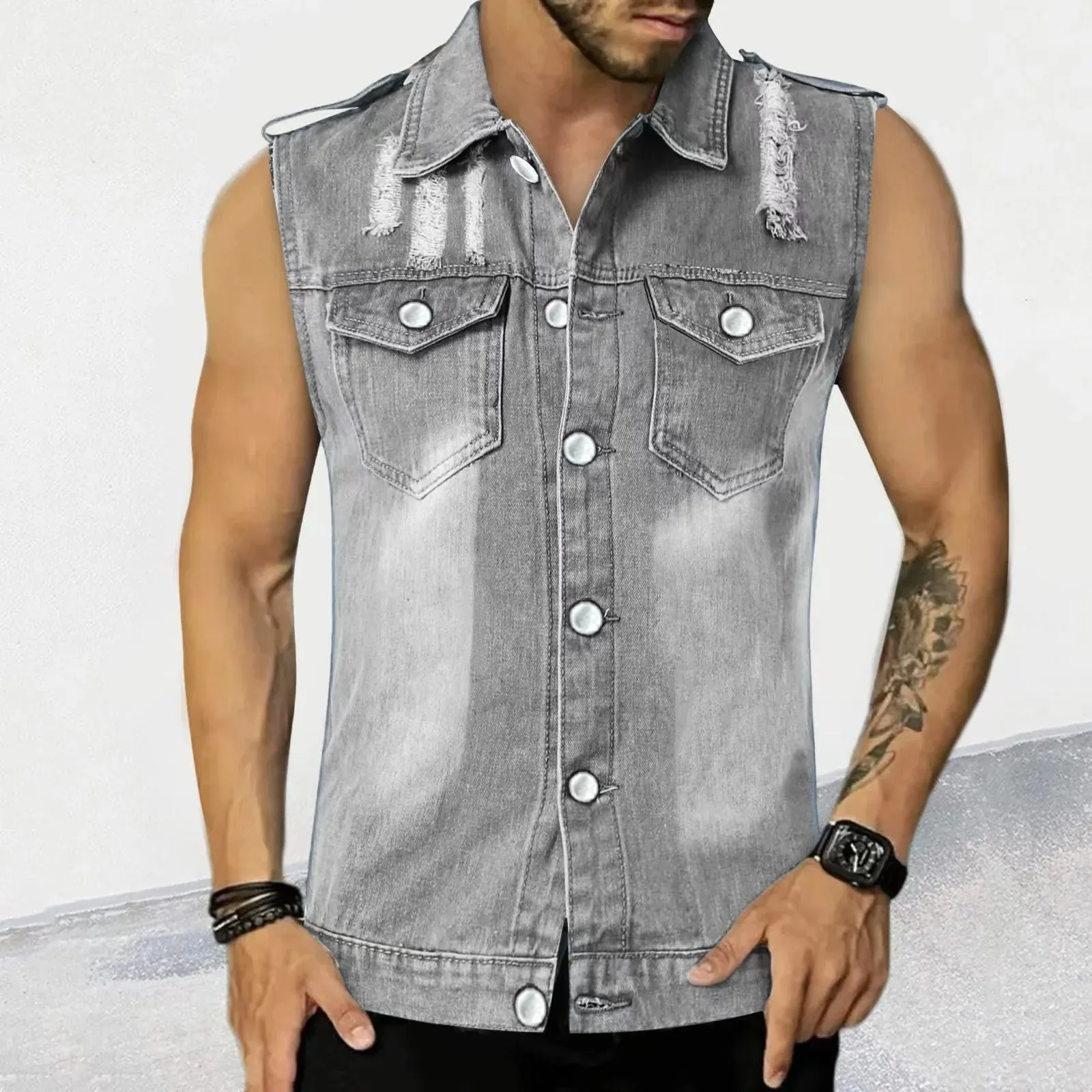 Wiaofellas  -  Summer New Men Thin Vest Denim T-shirt Lapel Sleeveless Pockets Slim Fit Cardigan Hip-Hop Rock Tank Top Muscular Men's Clothing