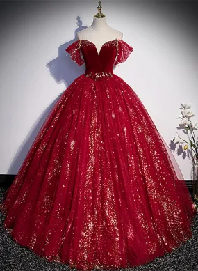 Wine Red Beaded Tulle Sweetheart Off Shoulder Prom Dress, Wine Red Long Party Dress