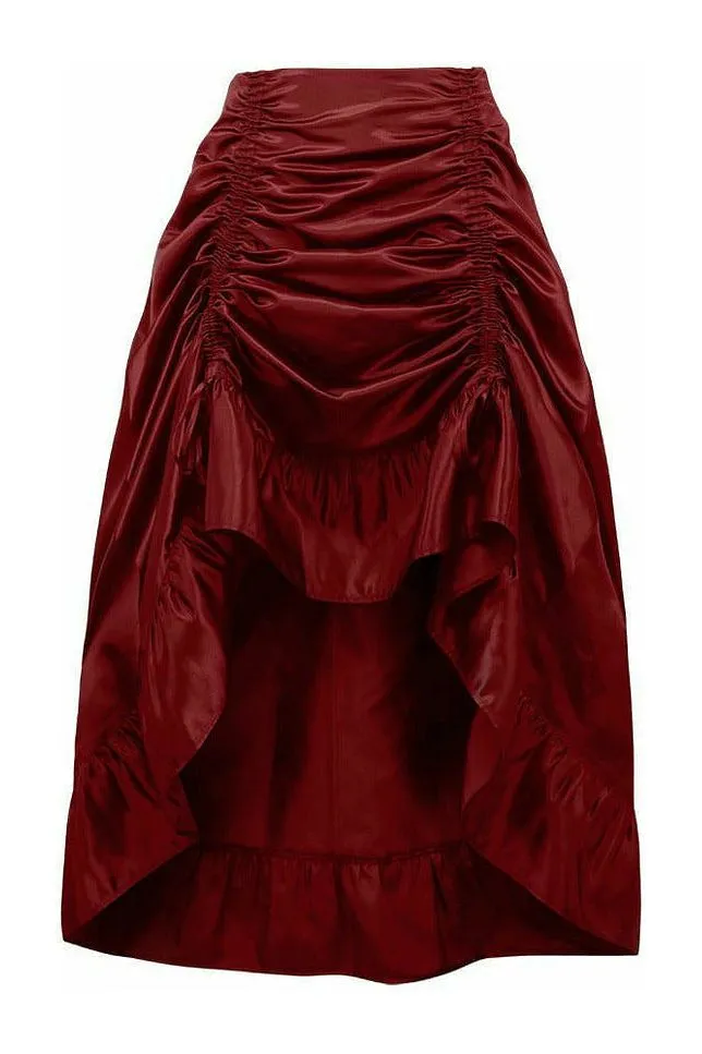 Wine Satin Hi Low Ruched Ruffle Skirt