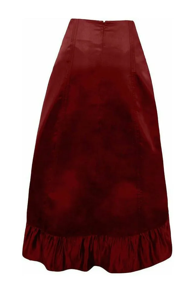 Wine Satin Hi Low Ruched Ruffle Skirt