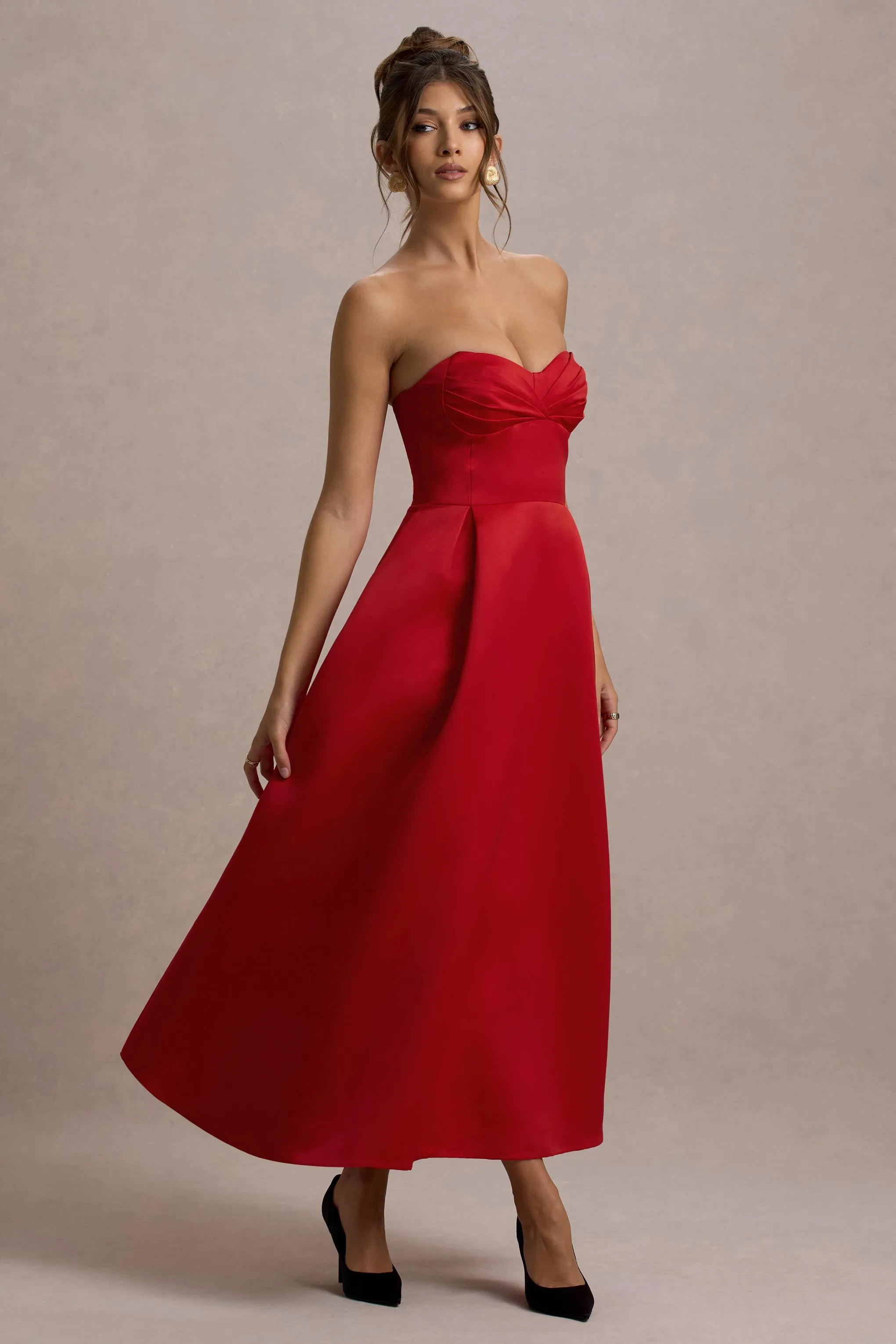 Wintour | Red Satin Sweetheart Midi Dress